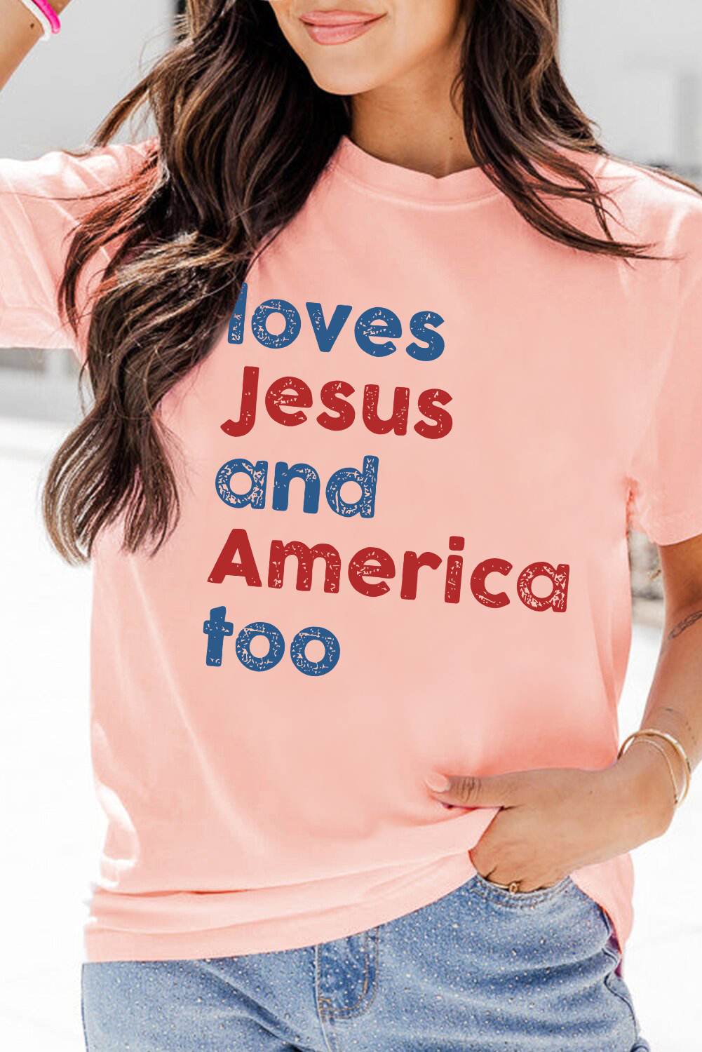 Pink loves Jesus and America too Vintage Letter Graphic Tee - loveforevers