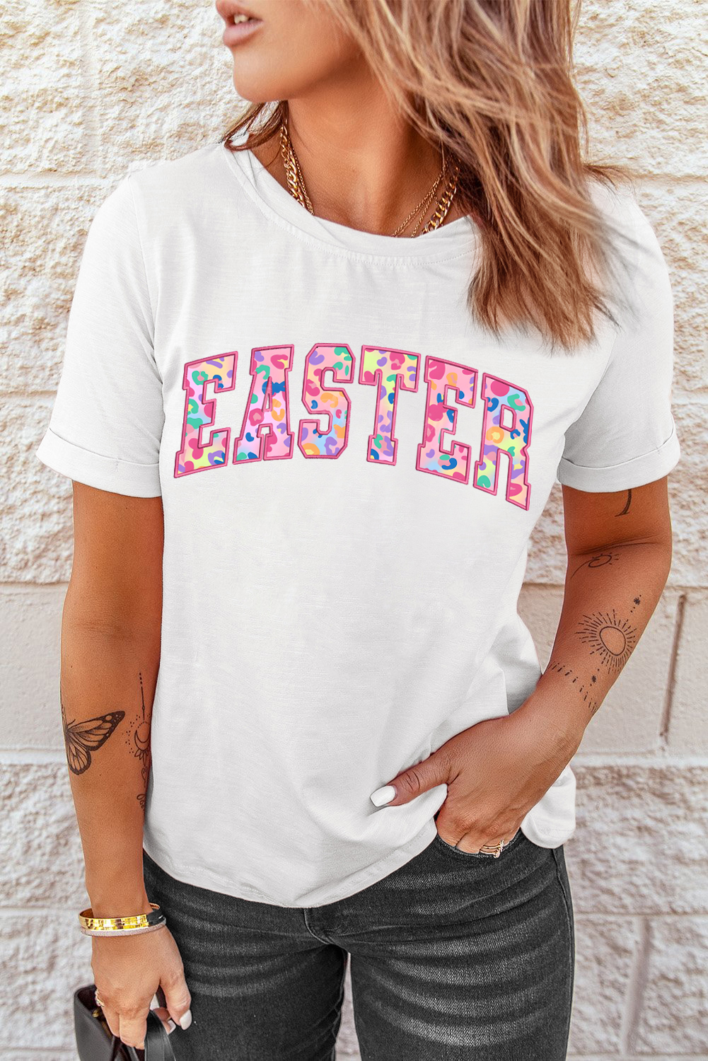 White Cheerful Leopard EASTER Letter Graphic Tee - loveforevers