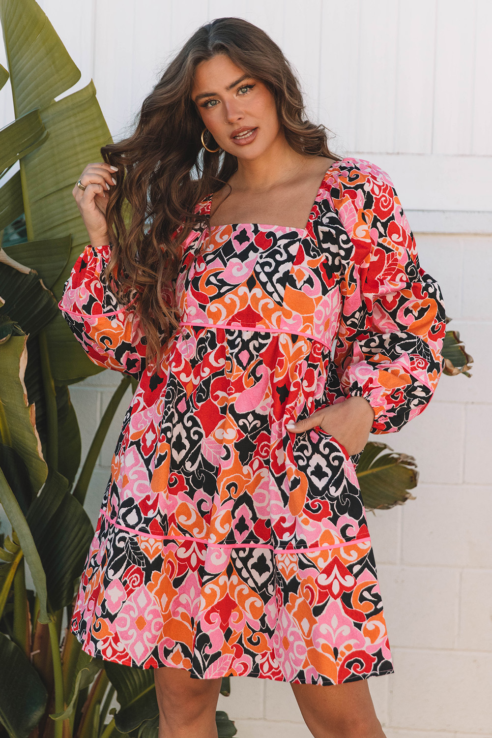 Pink Bohemian Square Neck Puff Sleeve Mini Dress - loveforevers