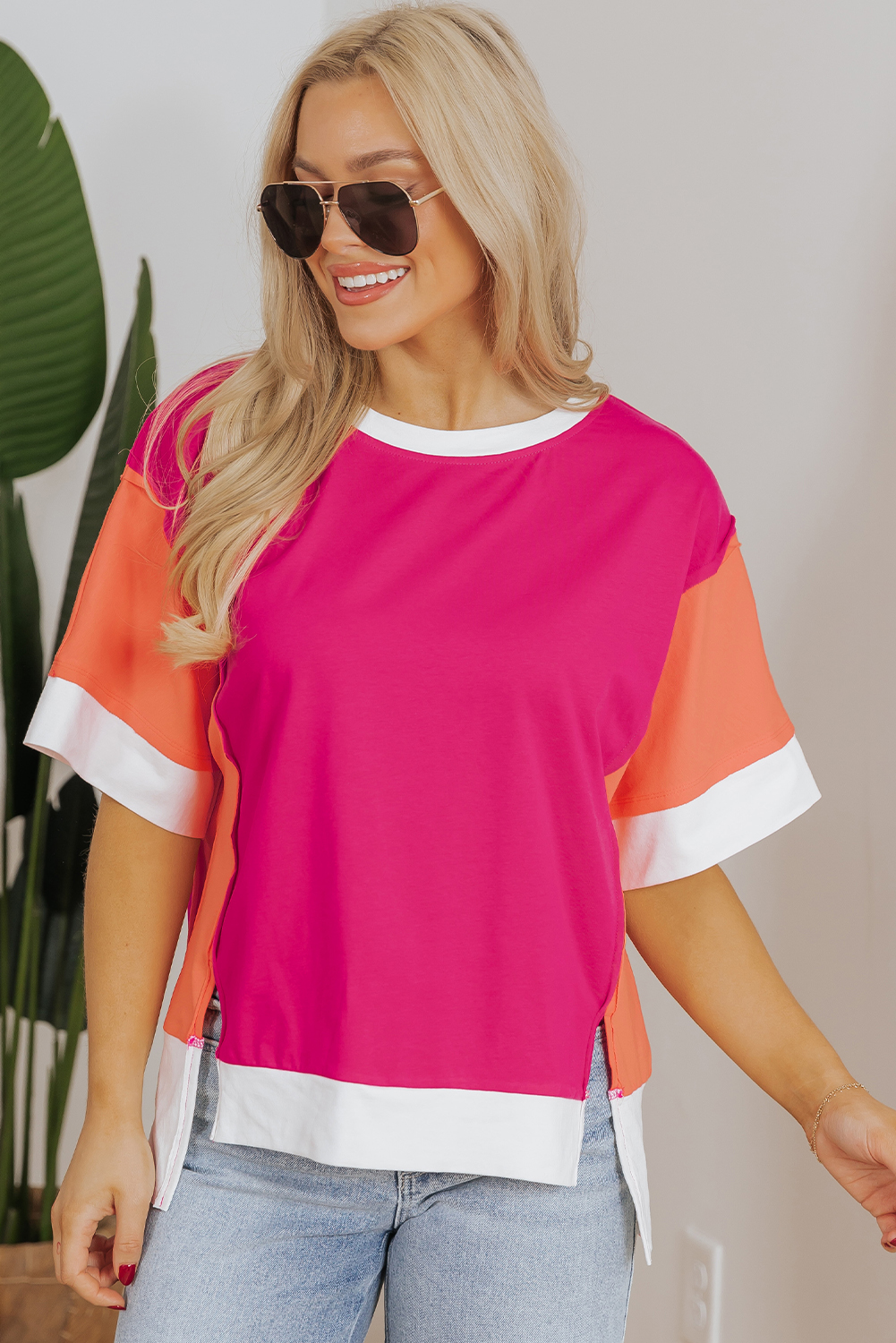 Rose Red Color Block Patchwork Side Slits Loose Fit T Shirt - loveforevers