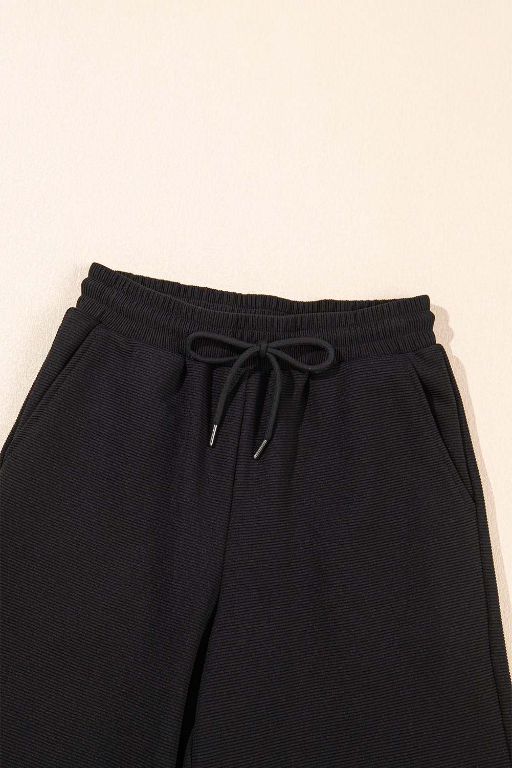 Black Textured Ruffled Sleeve Zipped Top and Wide Leg Pants Set - loveforevers