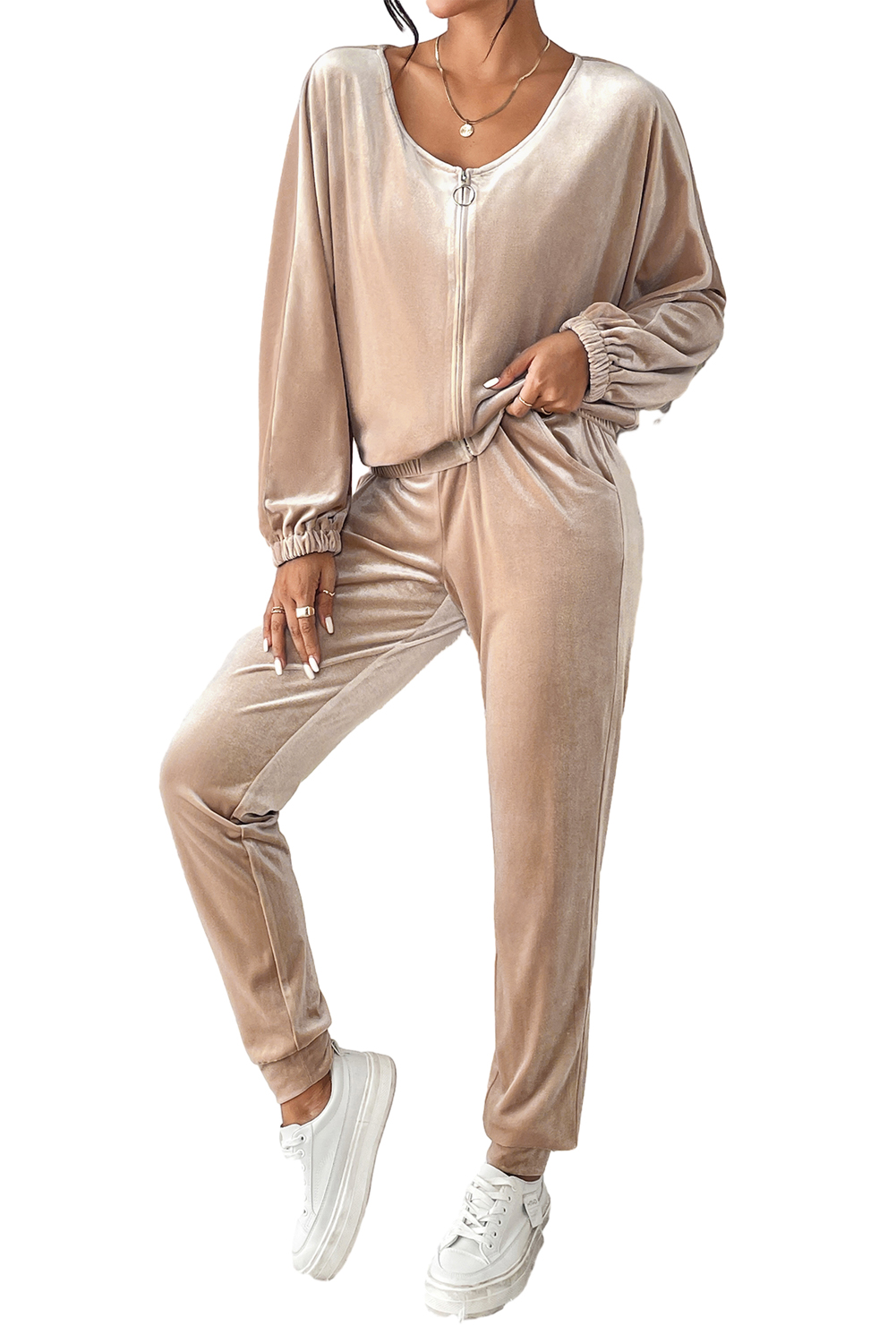 Parchment Velvet Zipped Top and Joggers Two Piece Set - loveforevers