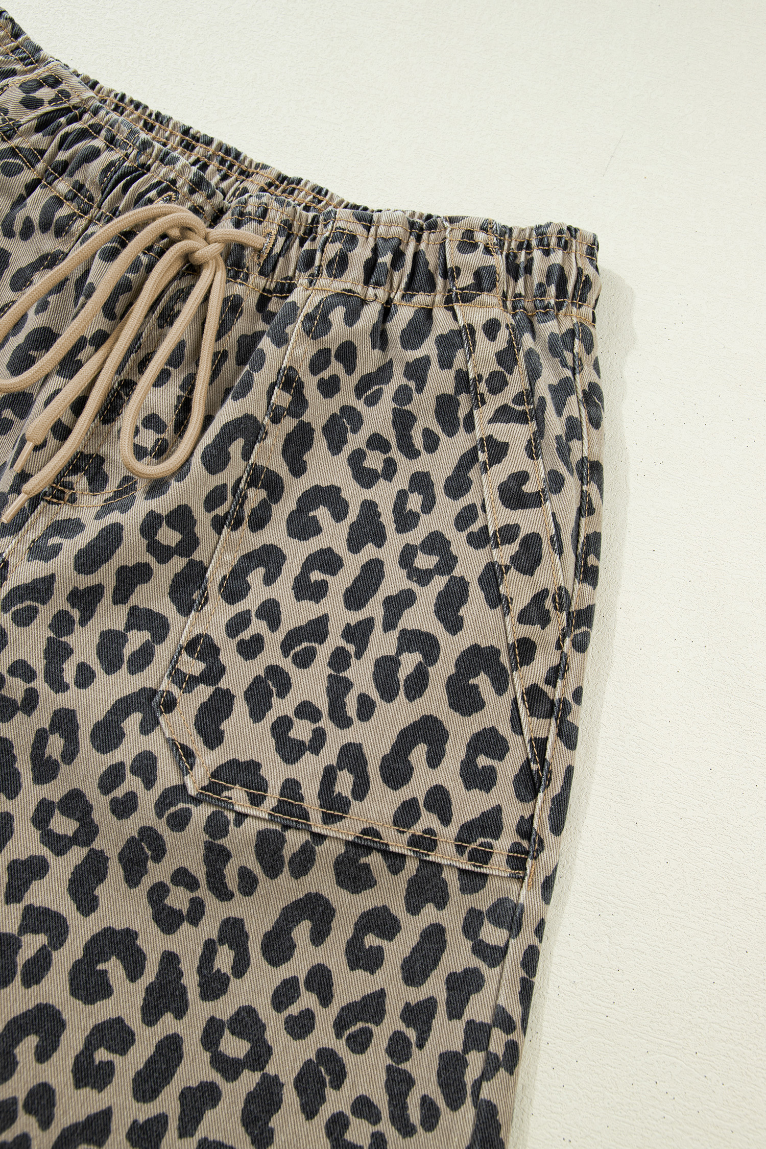 Khaki Leopard Print Drawstring Elastic Waist Loose Denim Pants with Pockets - loveforevers
