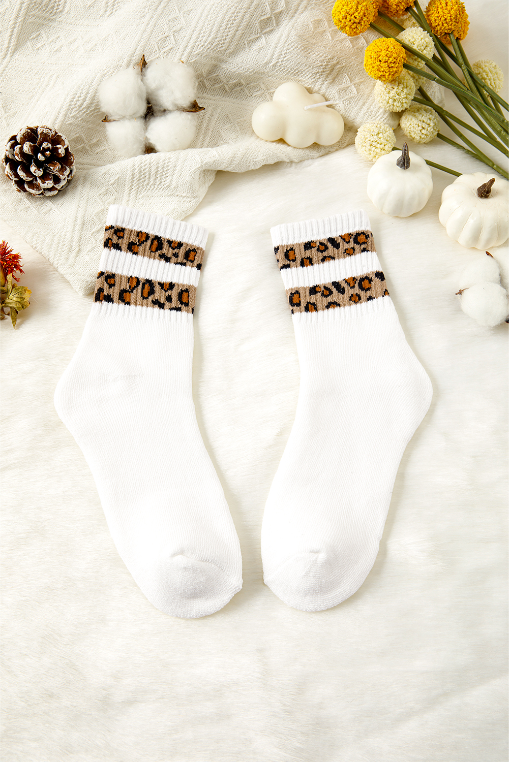 White Leopard Striped Detail Ribbed Cuffs Womens Socks - loveforevers