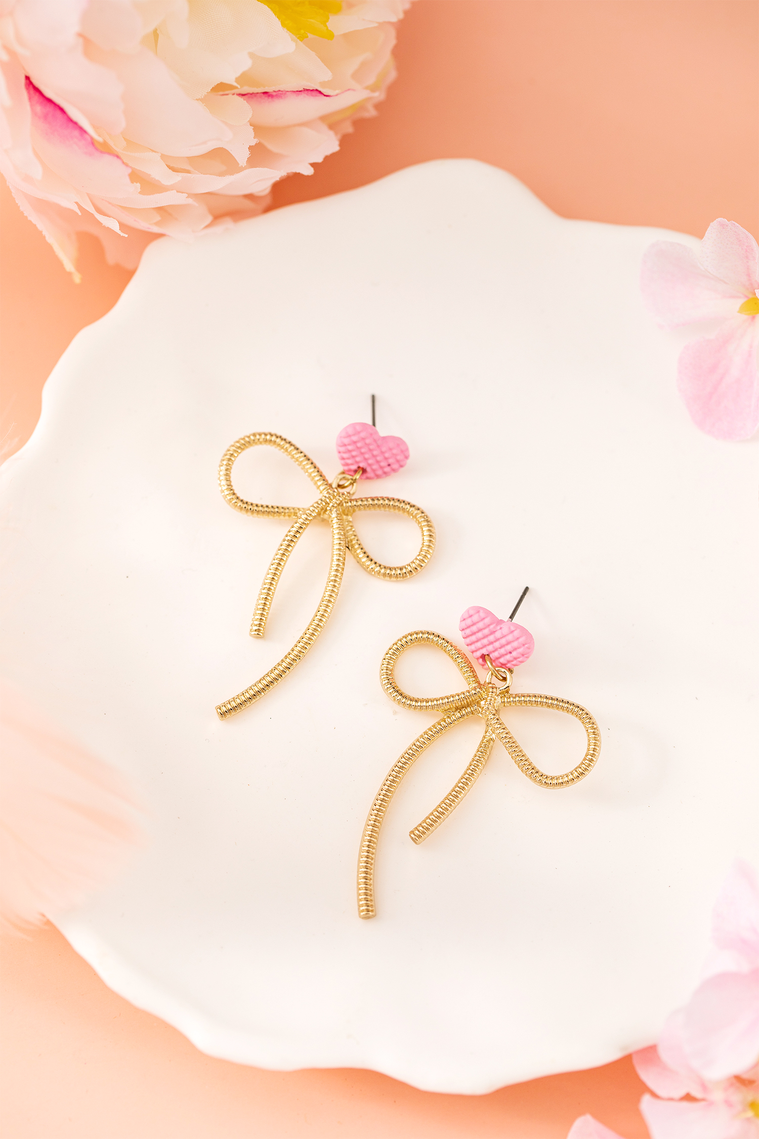 Pink Waffled Heart Stud Gold Plated Bow Dangle Earrings - loveforevers