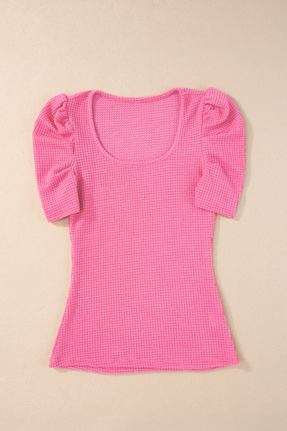 Bright Pink Waffle Knit Ruched Puff Sleeve Top - loveforevers