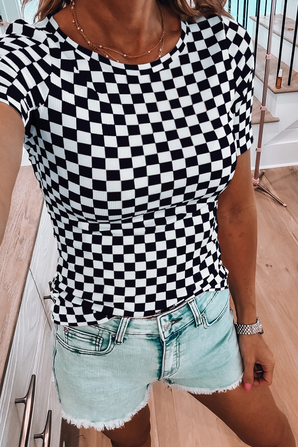 Pink Checkered Ribbed Slim Fit Crew Neck T Shirt - loveforevers