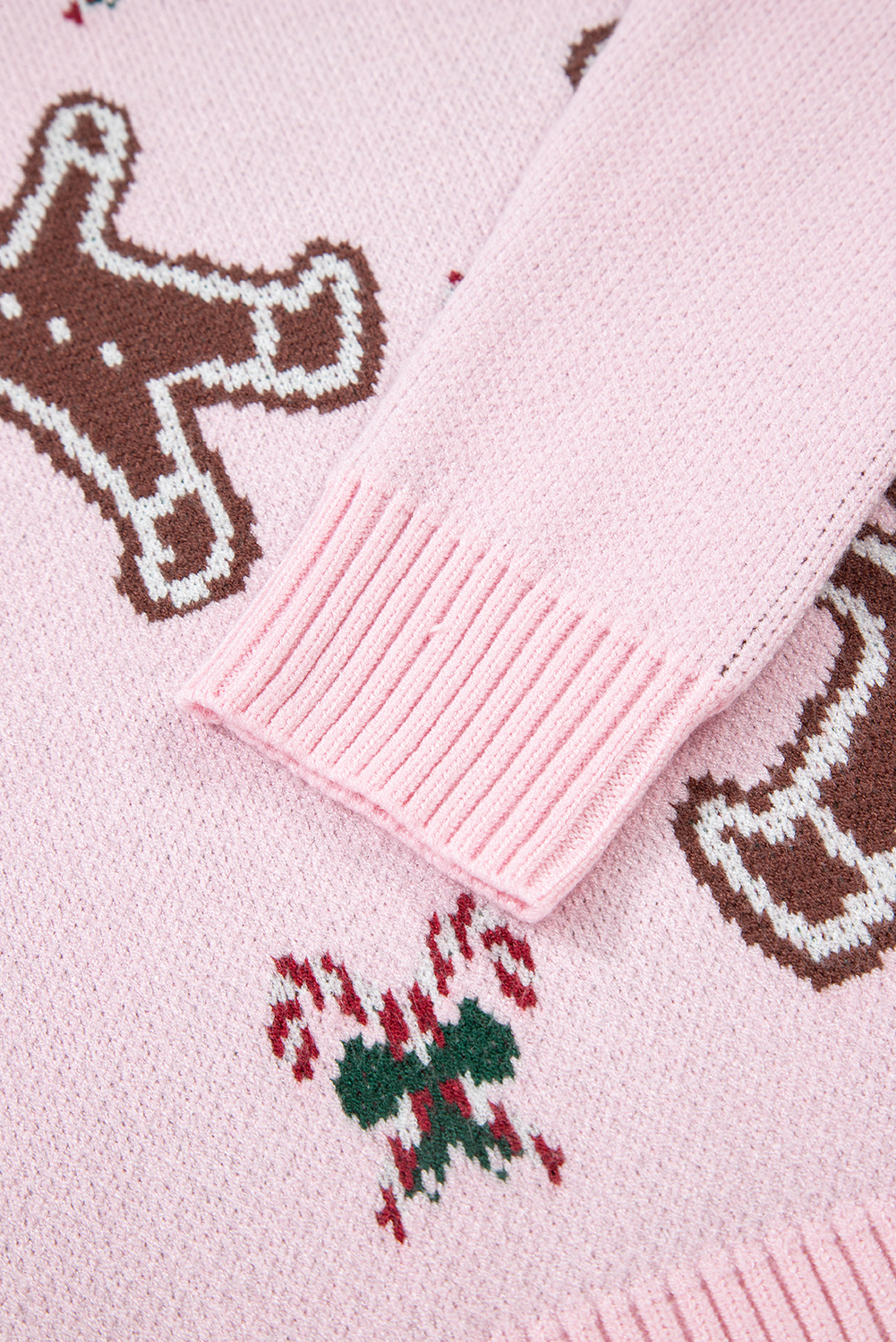 Pink Christmas Ginger Bread Man Print Round Neck Casual Sweater - loveforevers