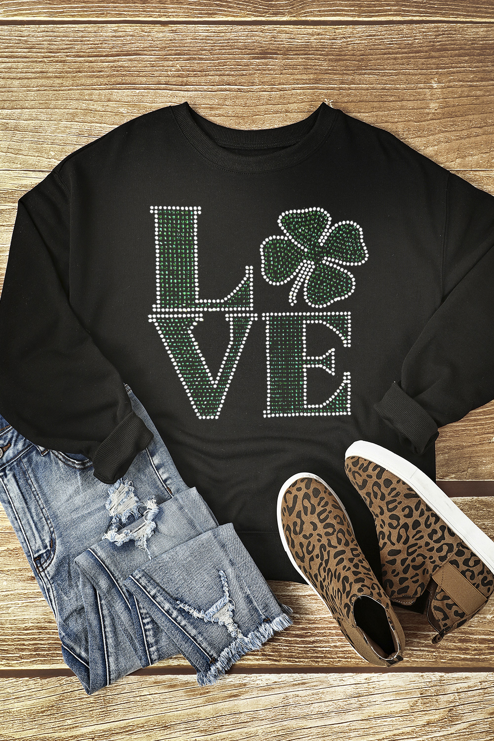Black Rhinestone LOVE Clover Graphic St Patricks Pullover Sweatshirt - loveforevers