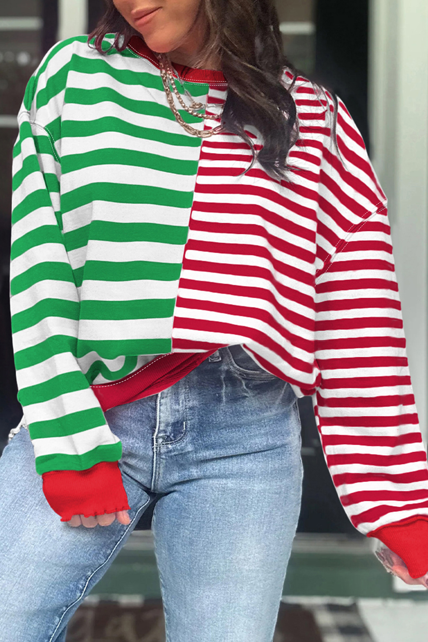 Green Stripe Contrasted Color Block Patchwork Baggy Sweatshirt - loveforevers