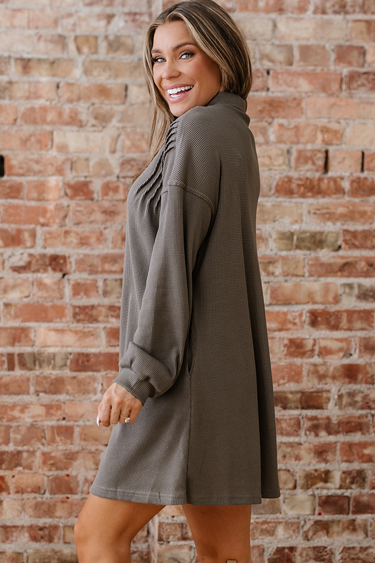 Simply Taupe Waffle Knit Shirt Tunic Dress - loveforevers