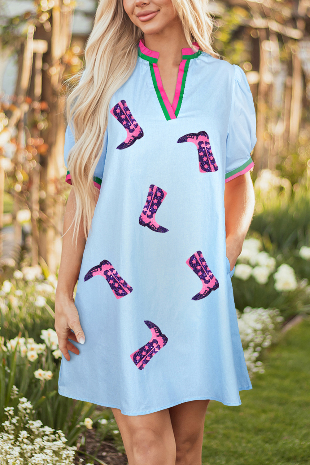 Myosotis Sequined Cowgirl Boots Pattern Contrast V Neckline Half Puff Sleeve Dress - loveforevers