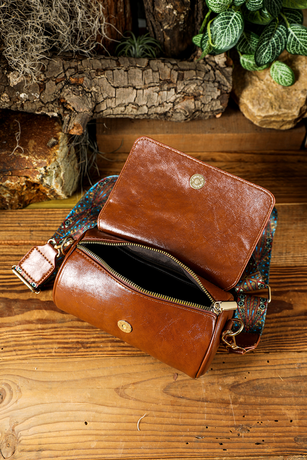 Chestnut PU Leather Flap Shoulder Bag with Retro Print Wide Strap - loveforevers