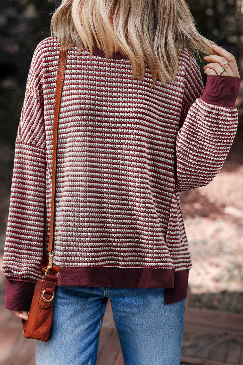 Red Stripe Ribbed Trim Drop Shoulder Long Sleeve Oversize Top - loveforevers