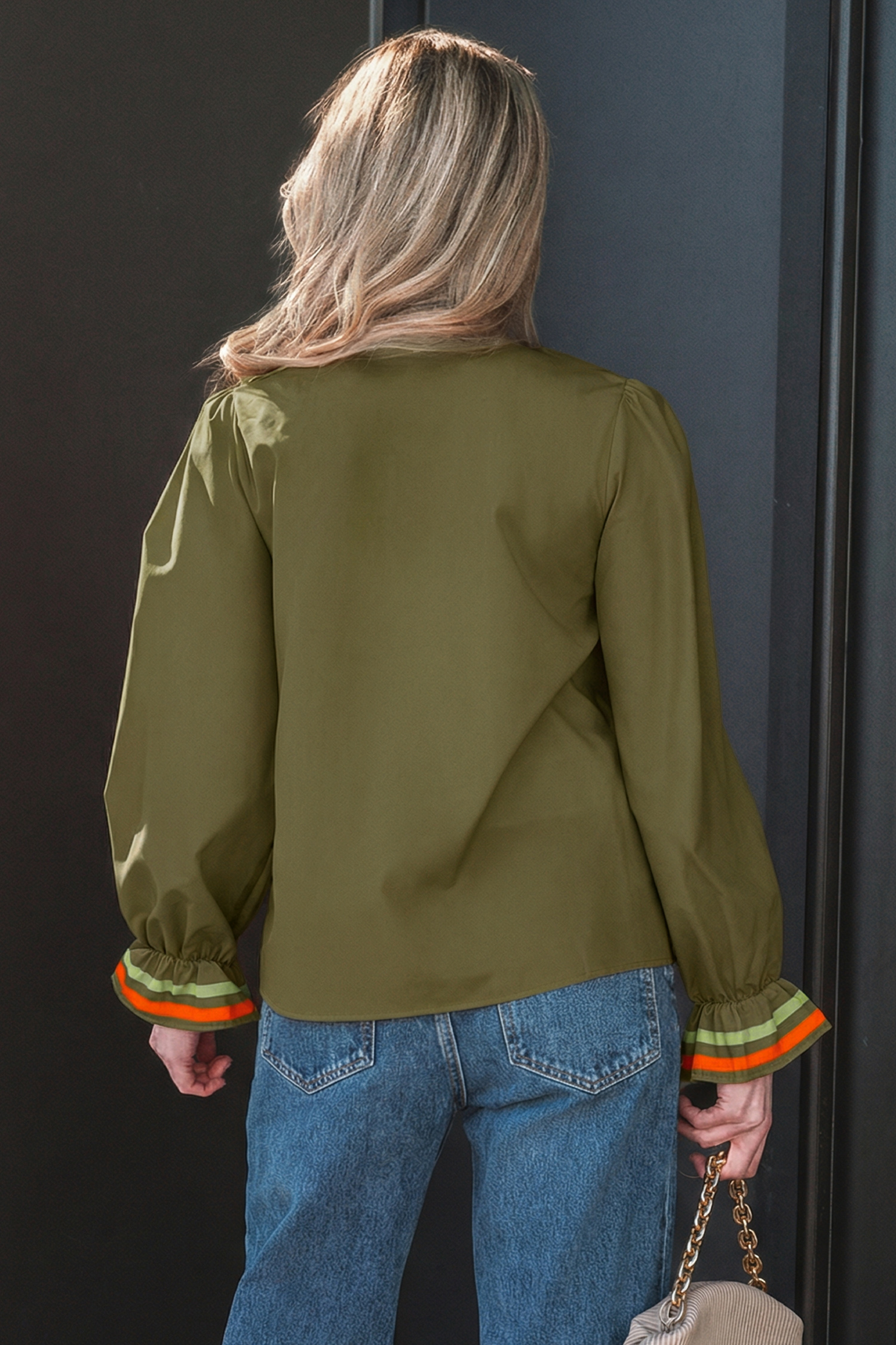 Four Leaf Clover Striped Trim Ruffle Split Neck Long Sleeve Blouse - loveforevers