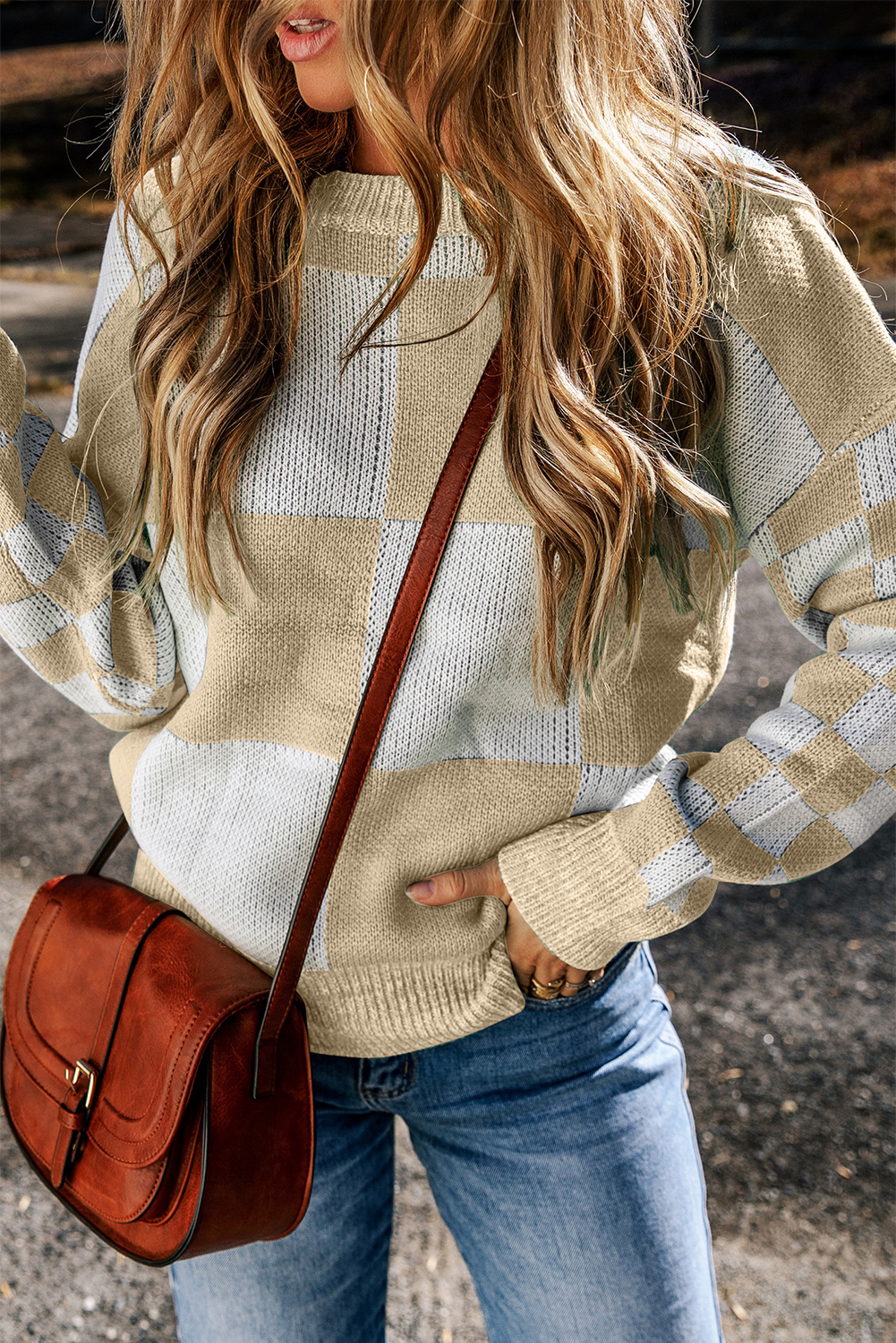Flaxen Checkered Print Drop Shoulder Sweater - loveforevers