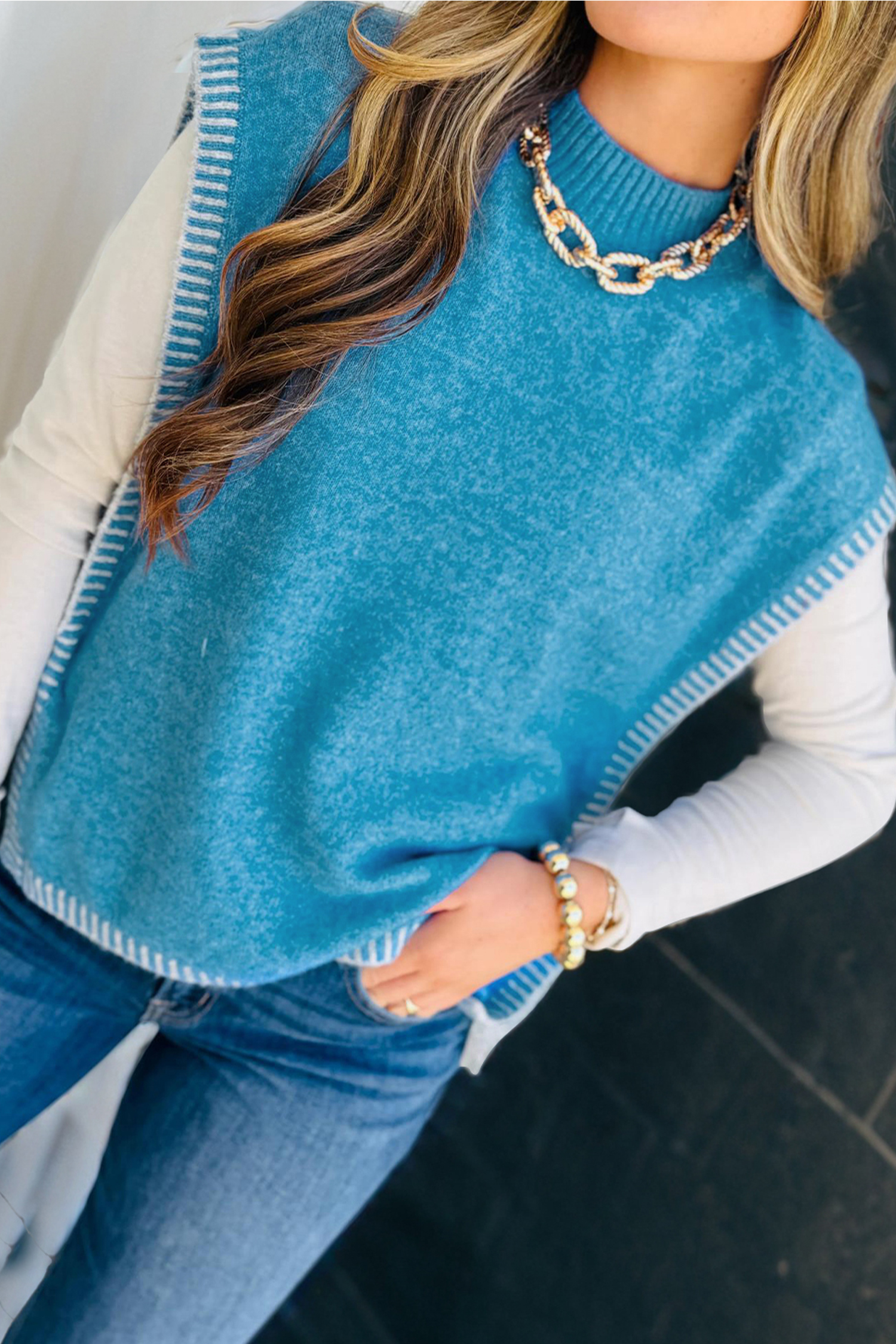 Blue Contrast Stitch Trim Knot Side Mock Neck Sweater Vest - loveforevers