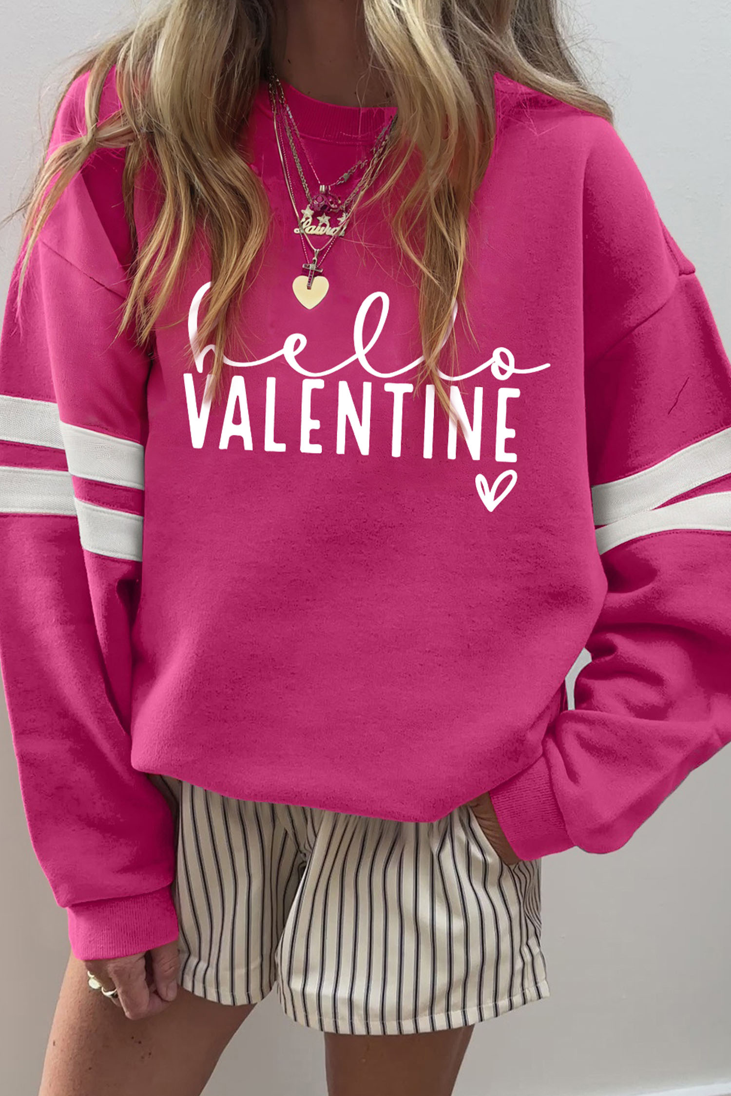Rose Red Hello Valentine Varsity Striped Sleeve Baggy Sweatshirt - loveforevers