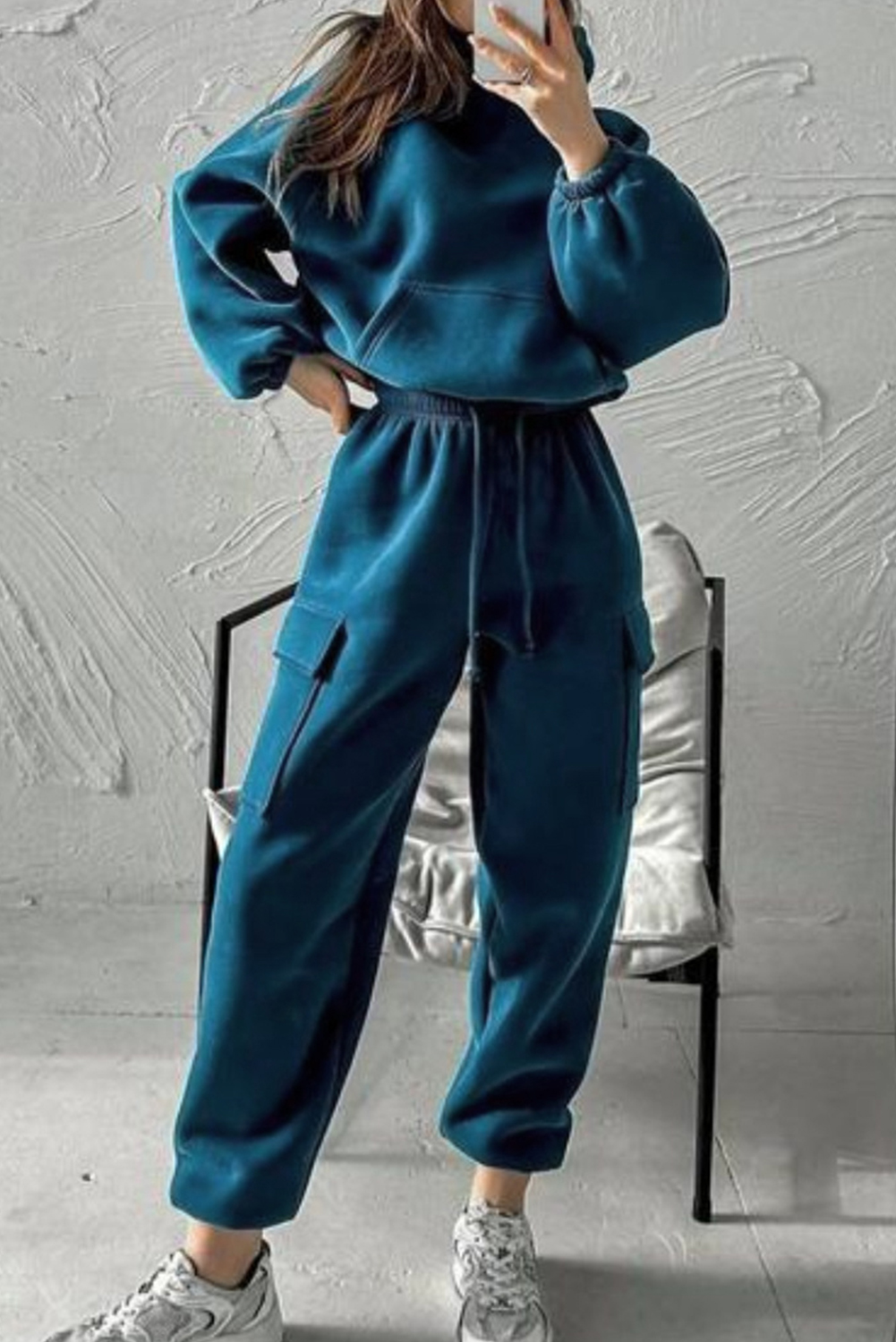 Peacock Blue Cozy Hooded Sweatshirt Drawstring Elastic Waistband Cargo Pant Set - loveforevers