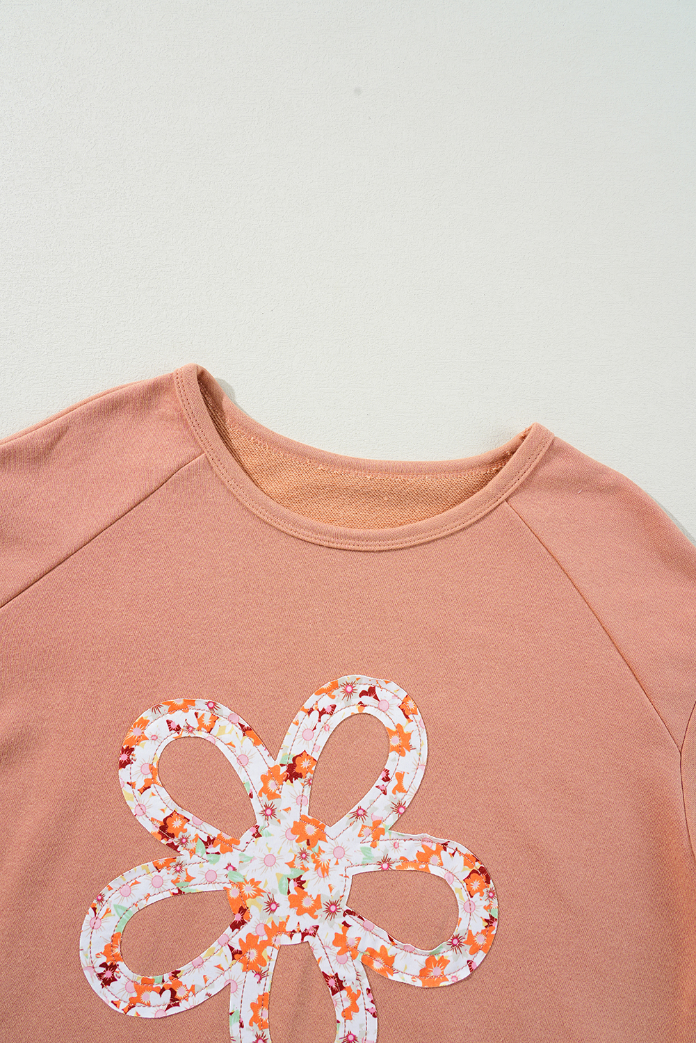 Beige Flower Patch Graphic Exposed Seam Wide Sleeve Top - loveforevers