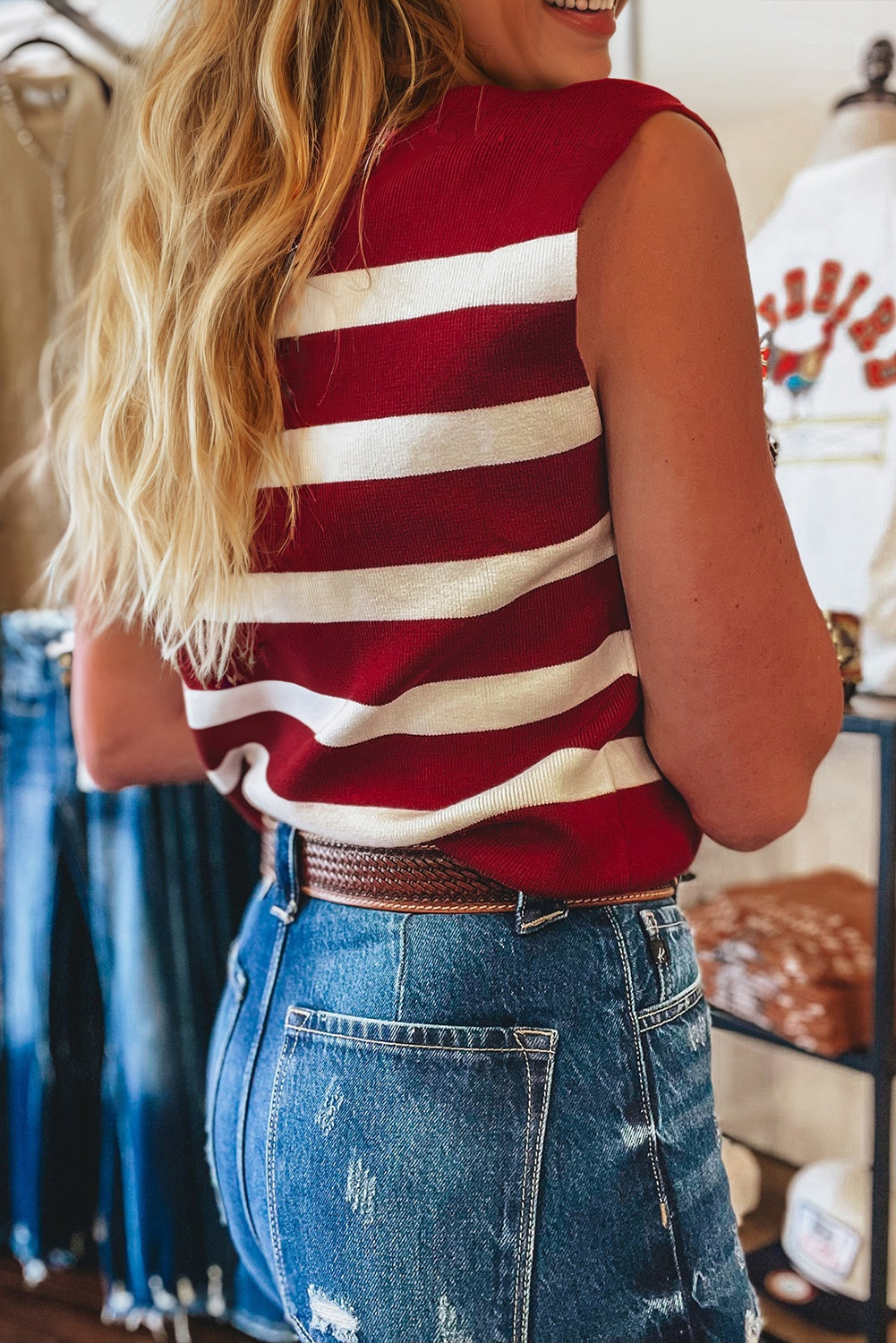Red Stripe Collared Split Neck Sweater Vest - loveforevers