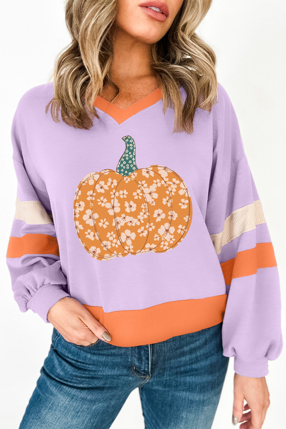 Orchid Bouquet Halloween Floral Pumpkin Color Block V Neck Sweatshirt - loveforevers