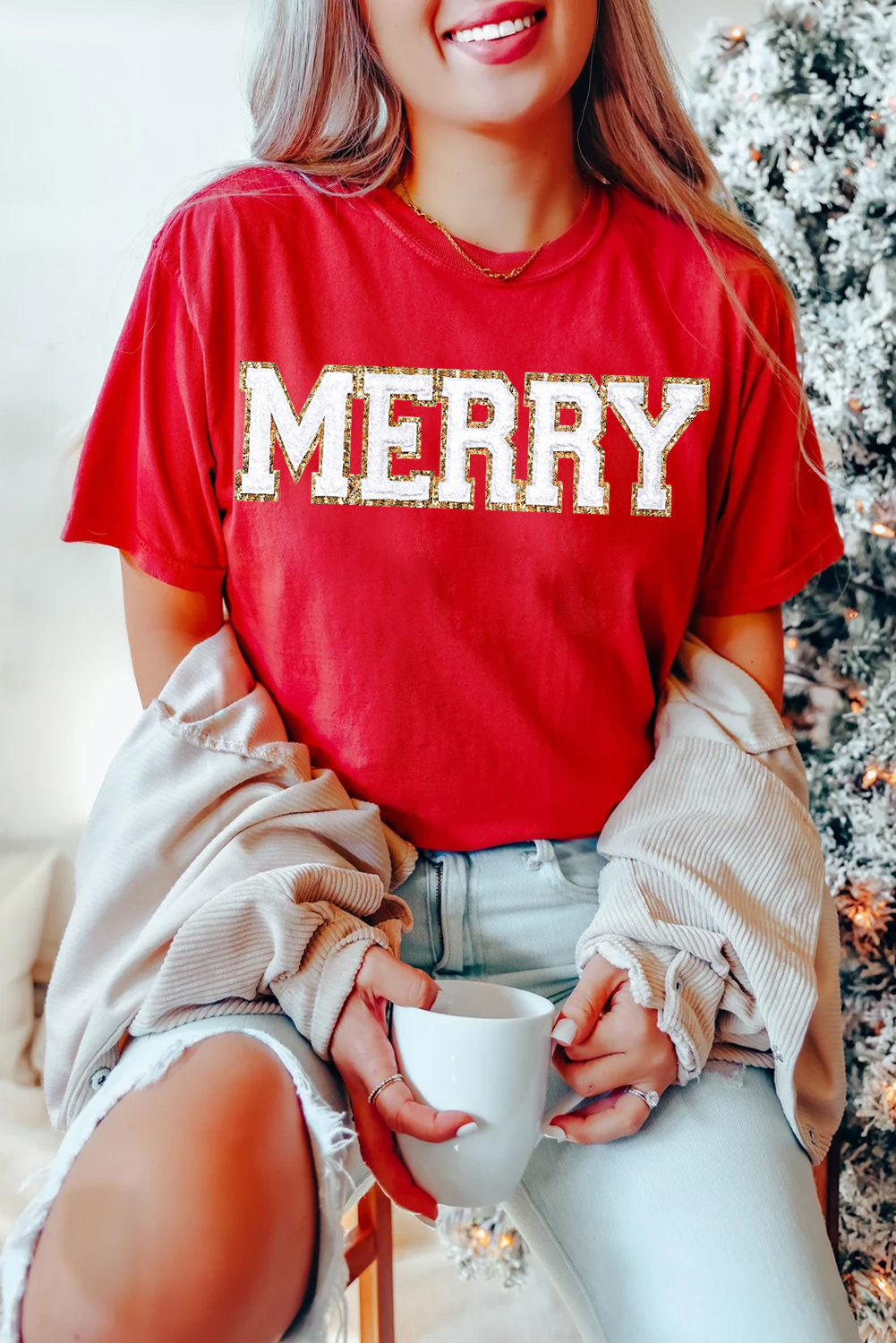 Red Christmas MERRY Graphic Cuffed Sleeve T Shirt - loveforevers