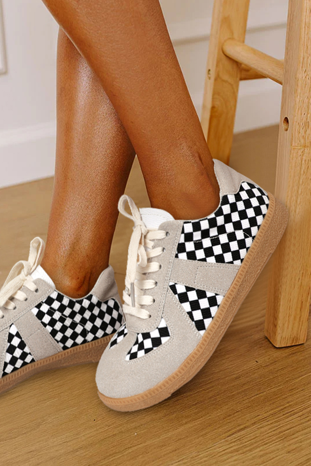 Black Checkerboard Patchwork Lace-up Flat Leatherette Shoes - loveforevers