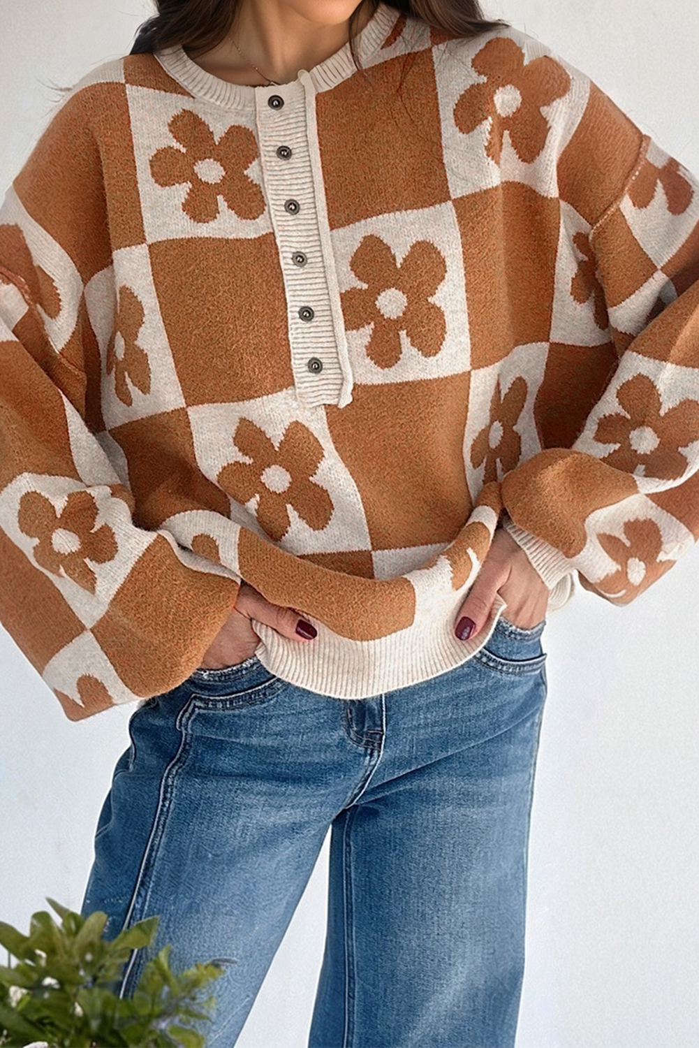 Black Flower Plaid Henley Baggy Sweater - loveforevers