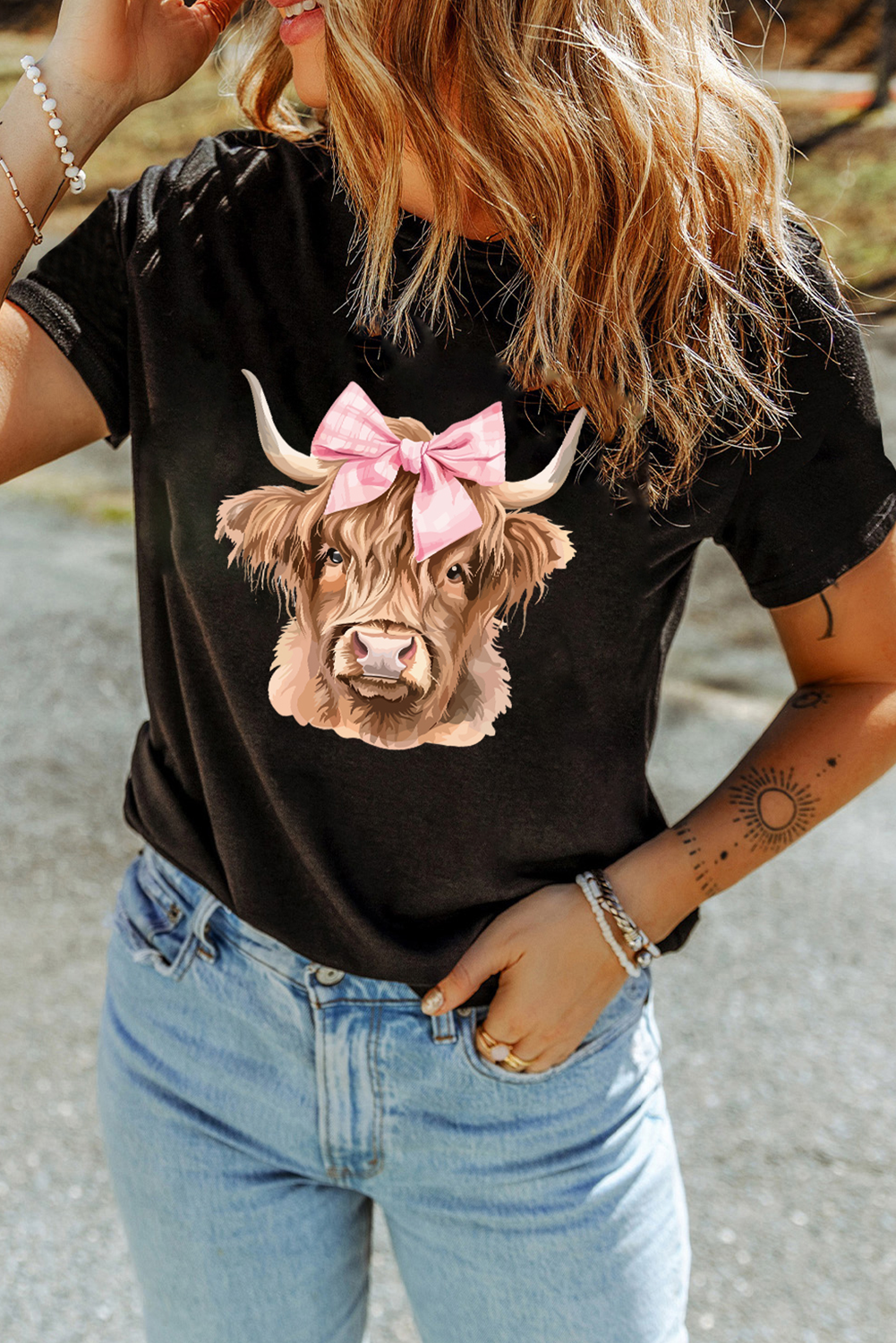 Black Bow Cow Head Graphic Western Fashion T Shirt - loveforevers