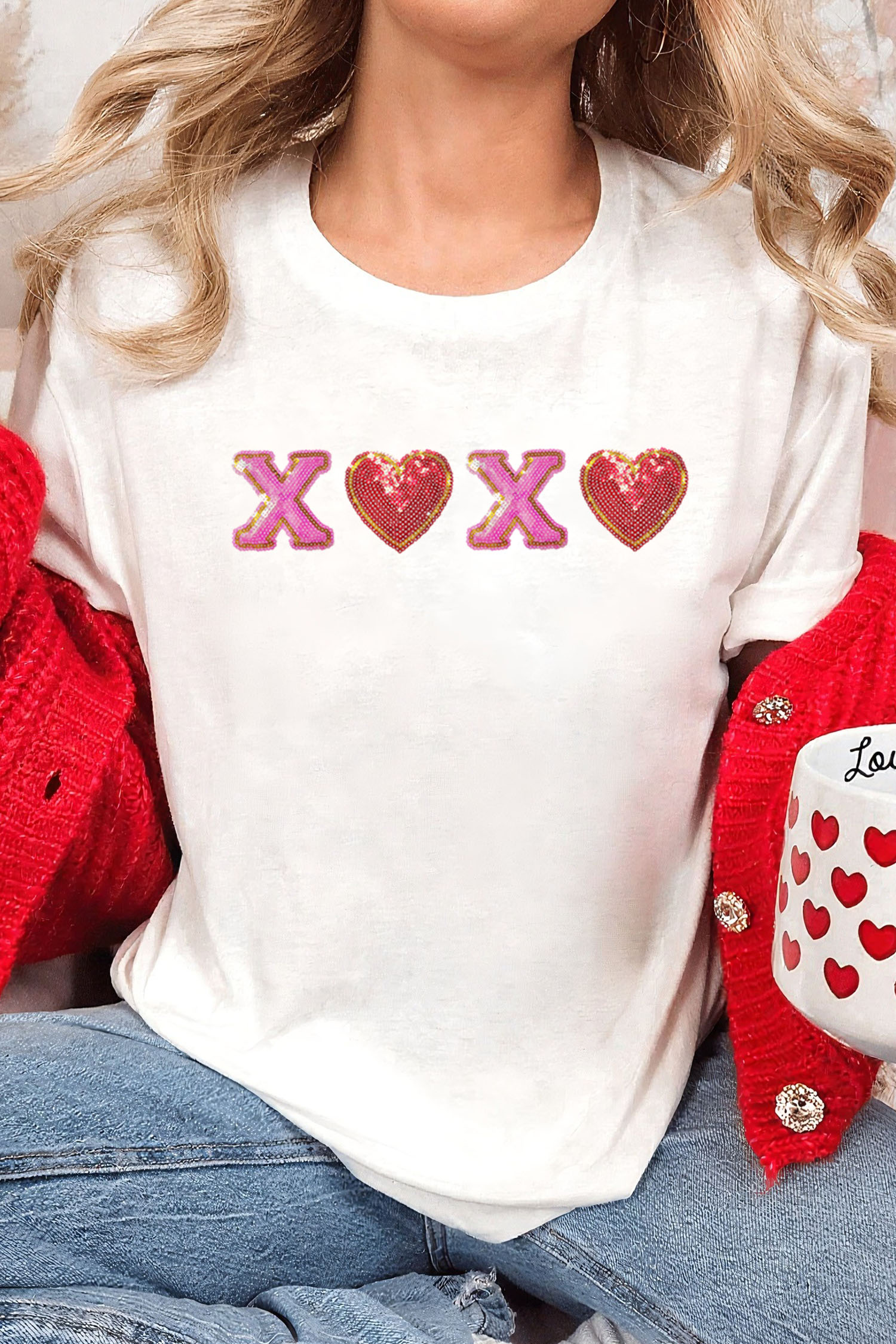 White XOXO Sequin Heart Patched Valentines Day Cuffed T Shirt - loveforevers