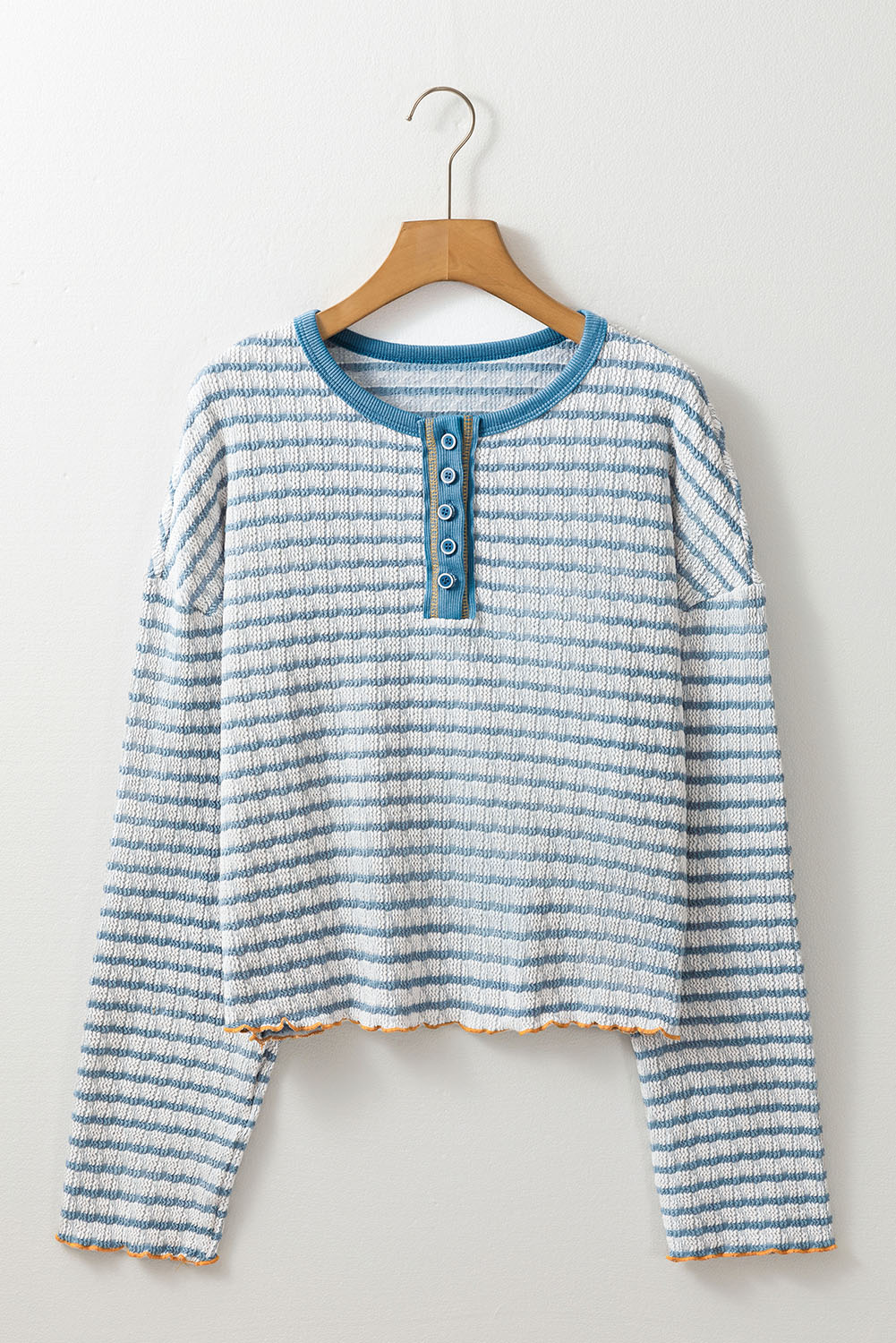 Sky Blue Stripe Textured Frilly Trim Buttons Henley Long Sleeve Top - loveforevers