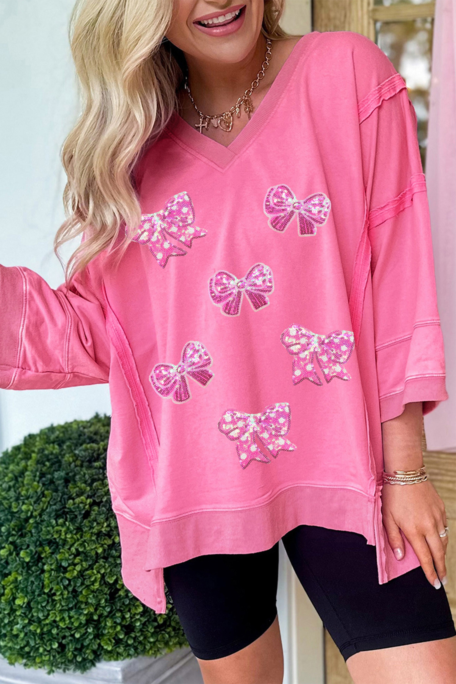 Bonbon Sequined Bow Patched Exposed Seam Bracelet Sleeve High Low T Shirt - loveforevers