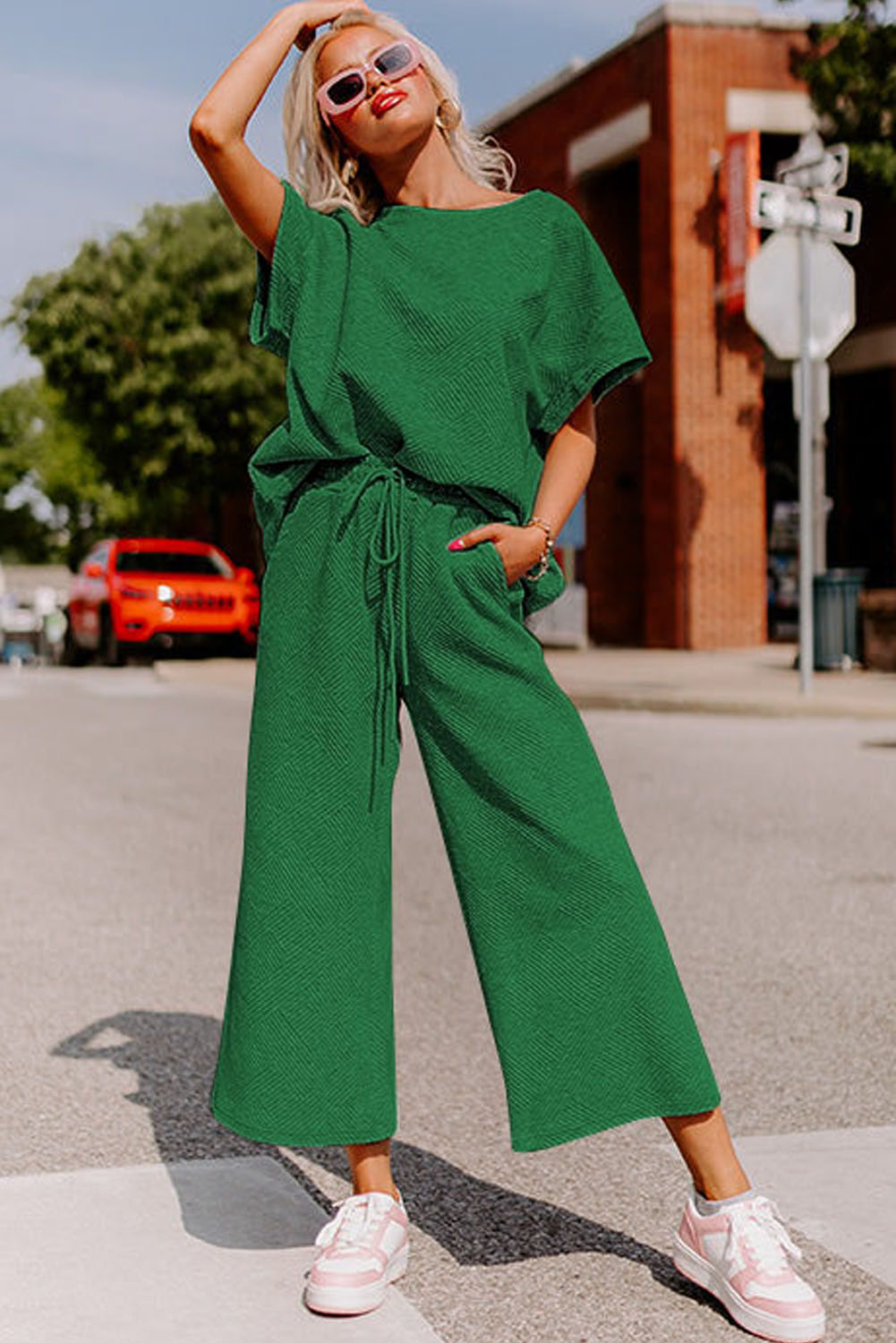 Dark Green Textured Loose Fit T Shirt and Drawstring Pants Set - loveforevers