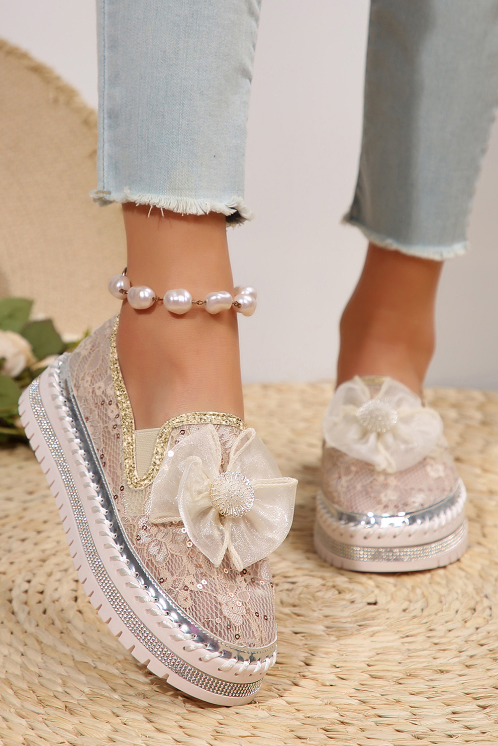 White Glossy Bow Decor Breathable Lace Loafer Shoes - loveforevers