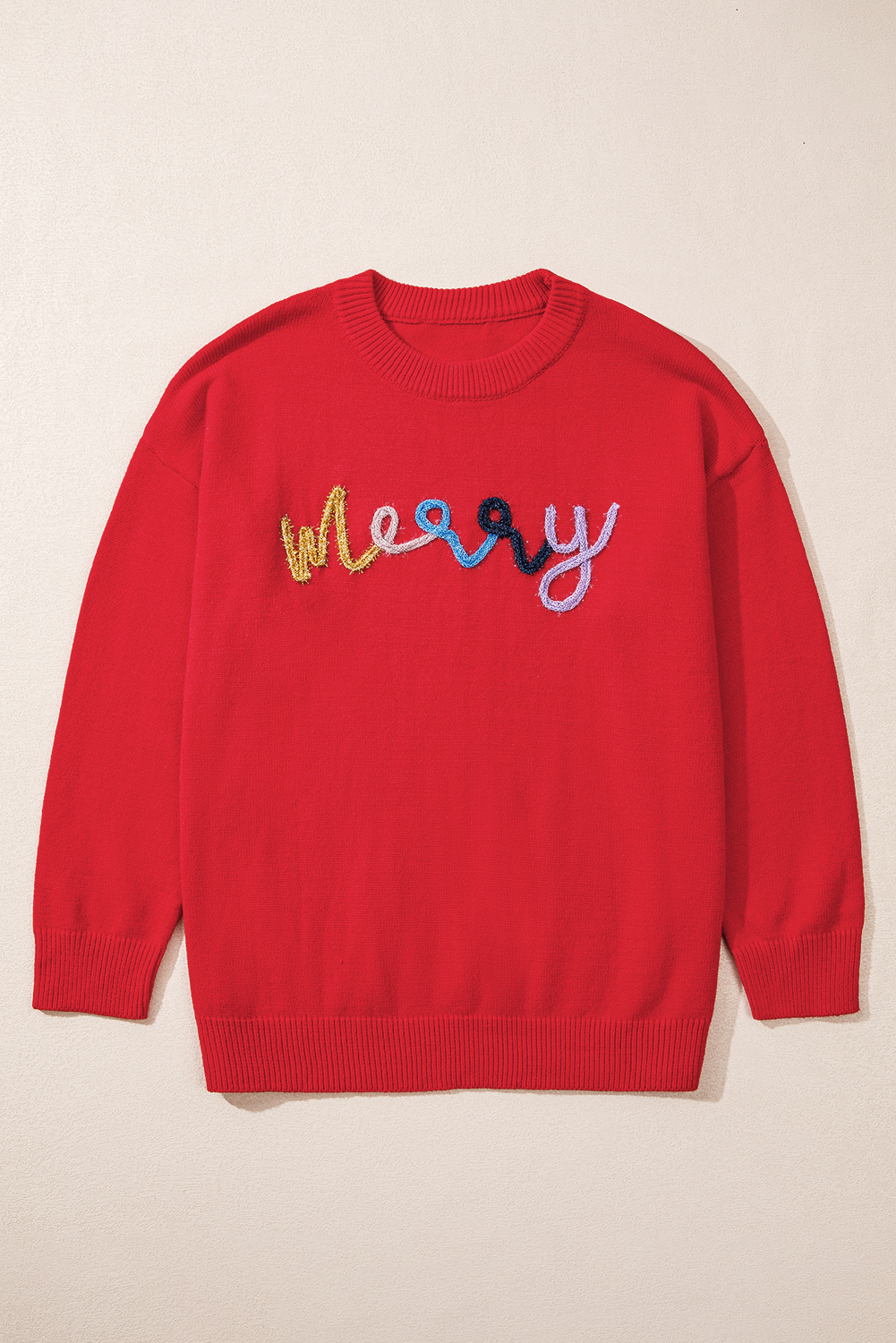 Fiery Red Tinsel Merry Letter Drop Shoulder Baggy Sweater - loveforevers