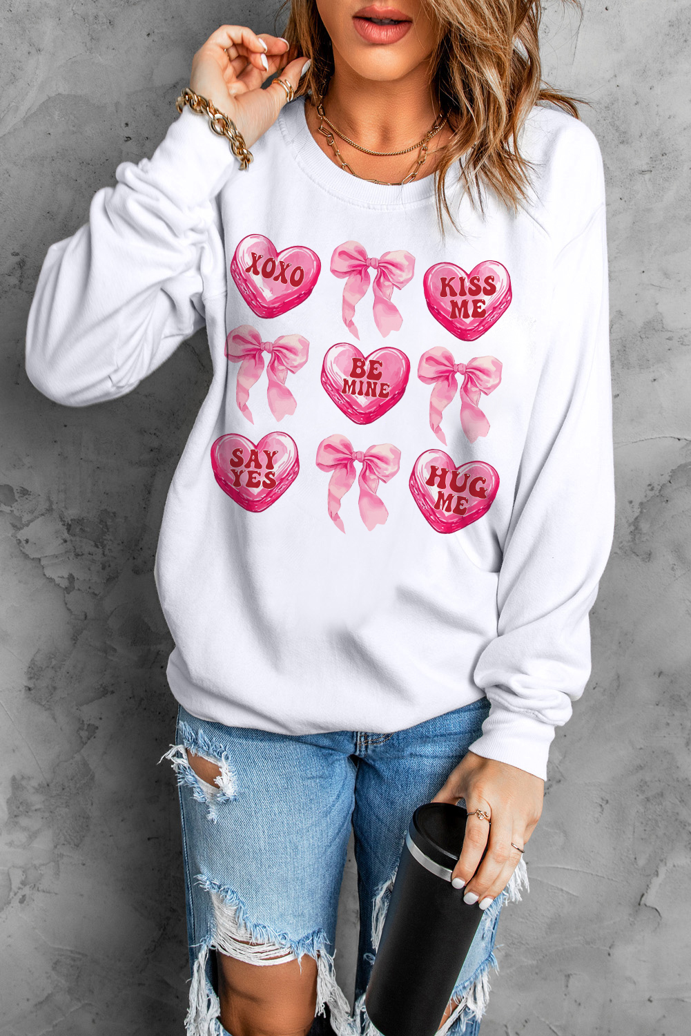 White Valentine Candy Heart & Bow Graphic Sweatshirt - loveforevers