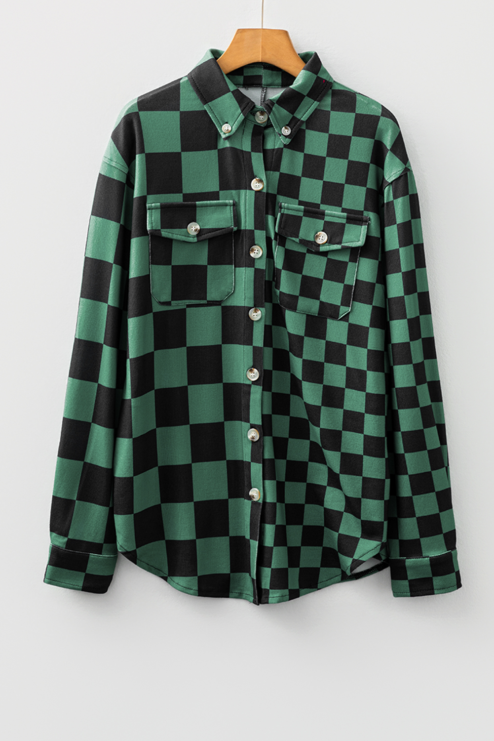 Khaki Checkerboard Flap Pocket Button Front Shacket - loveforevers