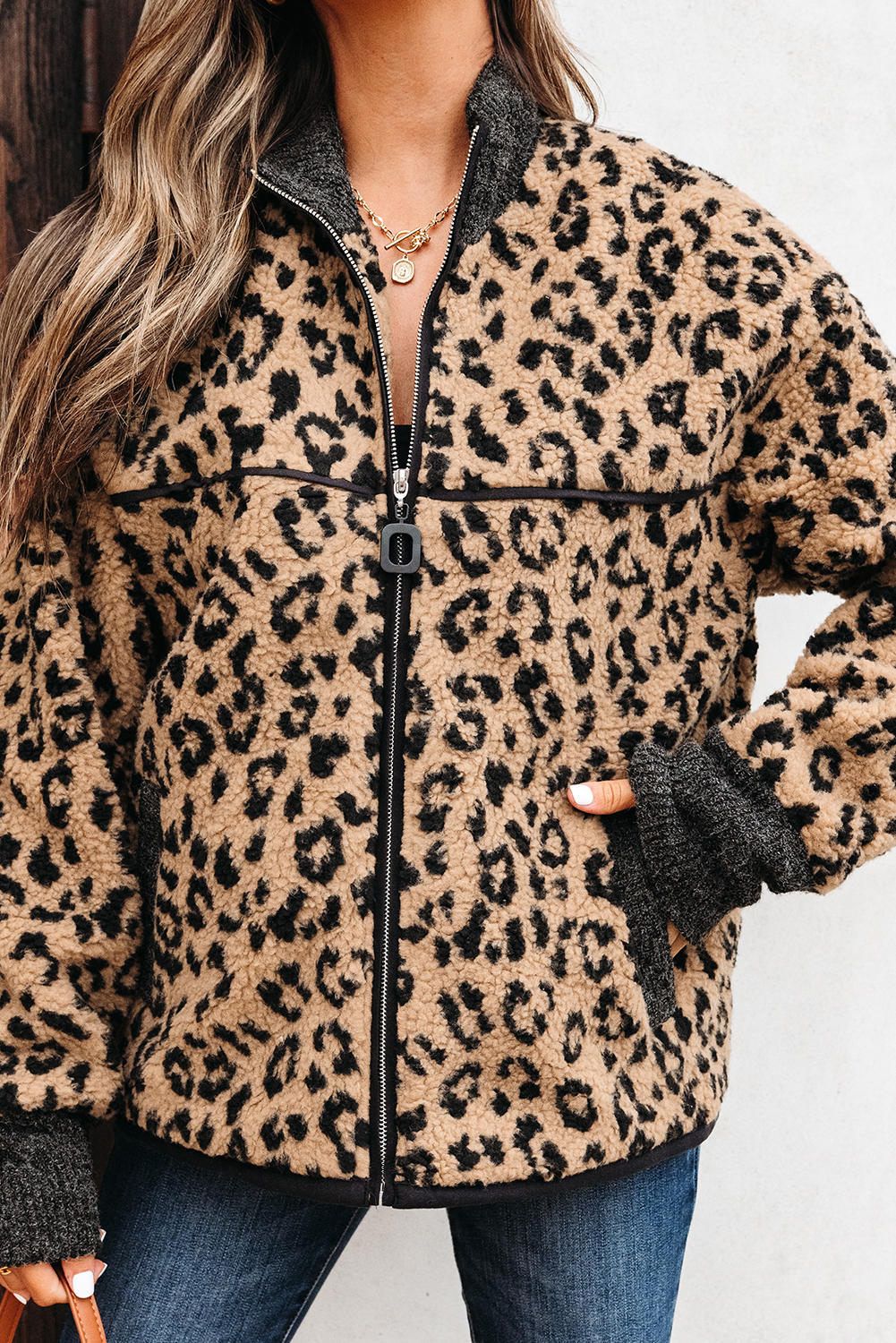 Khaki Leopard Print Zip Up Stand Neck Side Pocket Jacket - loveforevers