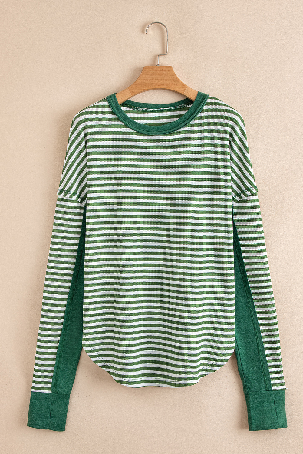Dearlovers Green Stripe Thermal Knit Drop Shoulder Casual Top - loveforevers