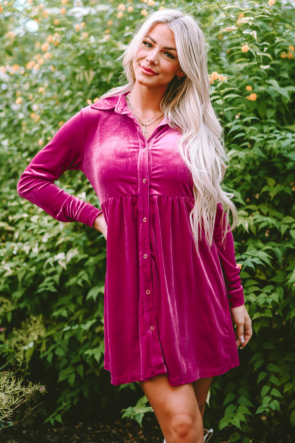 Fiery Red Long Sleeve Ruffle Velvet Button Up Dress - loveforevers