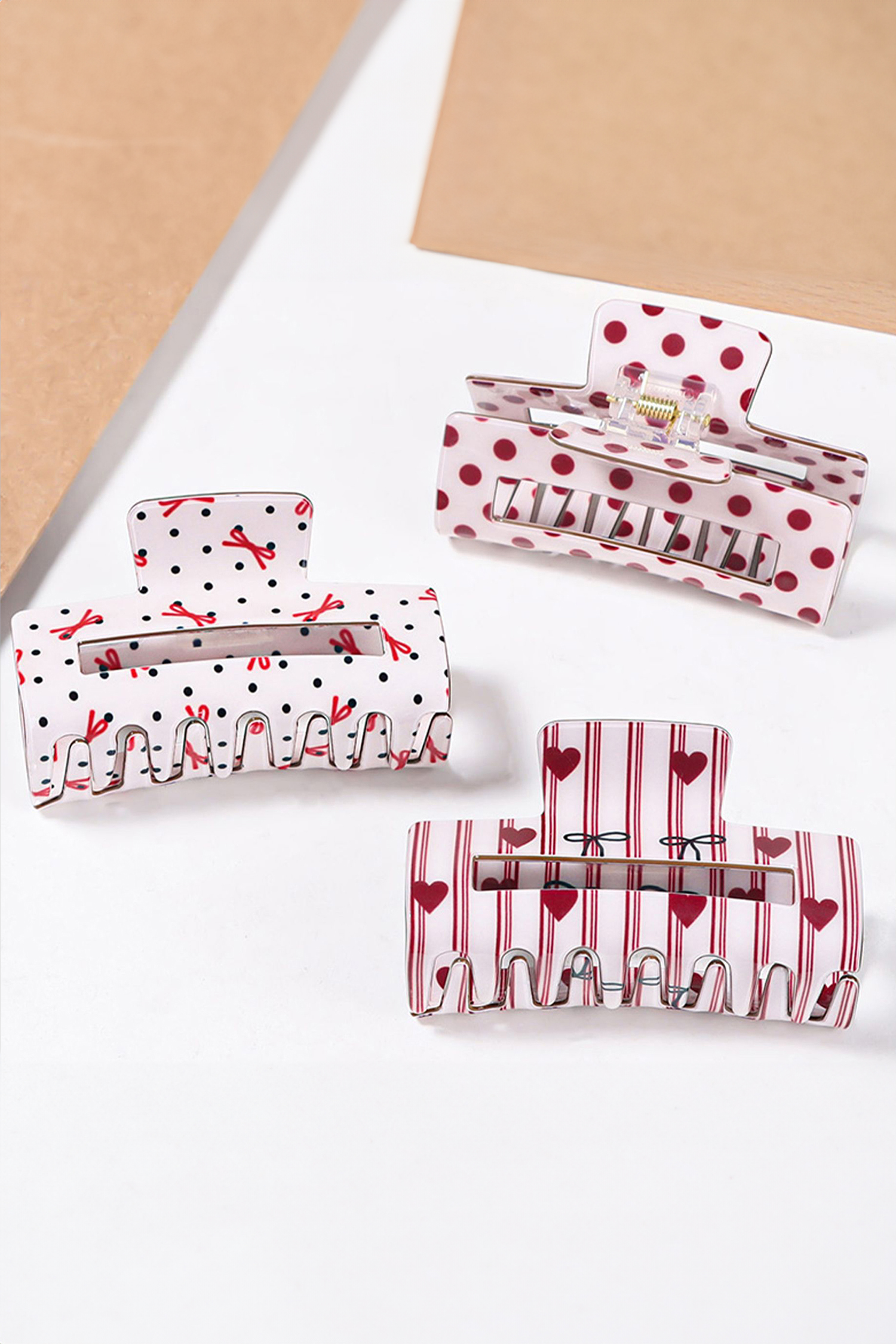 Fiery Red Striped Heart Contrast Bow Printed Rectangle Hair Claw Clip - loveforevers
