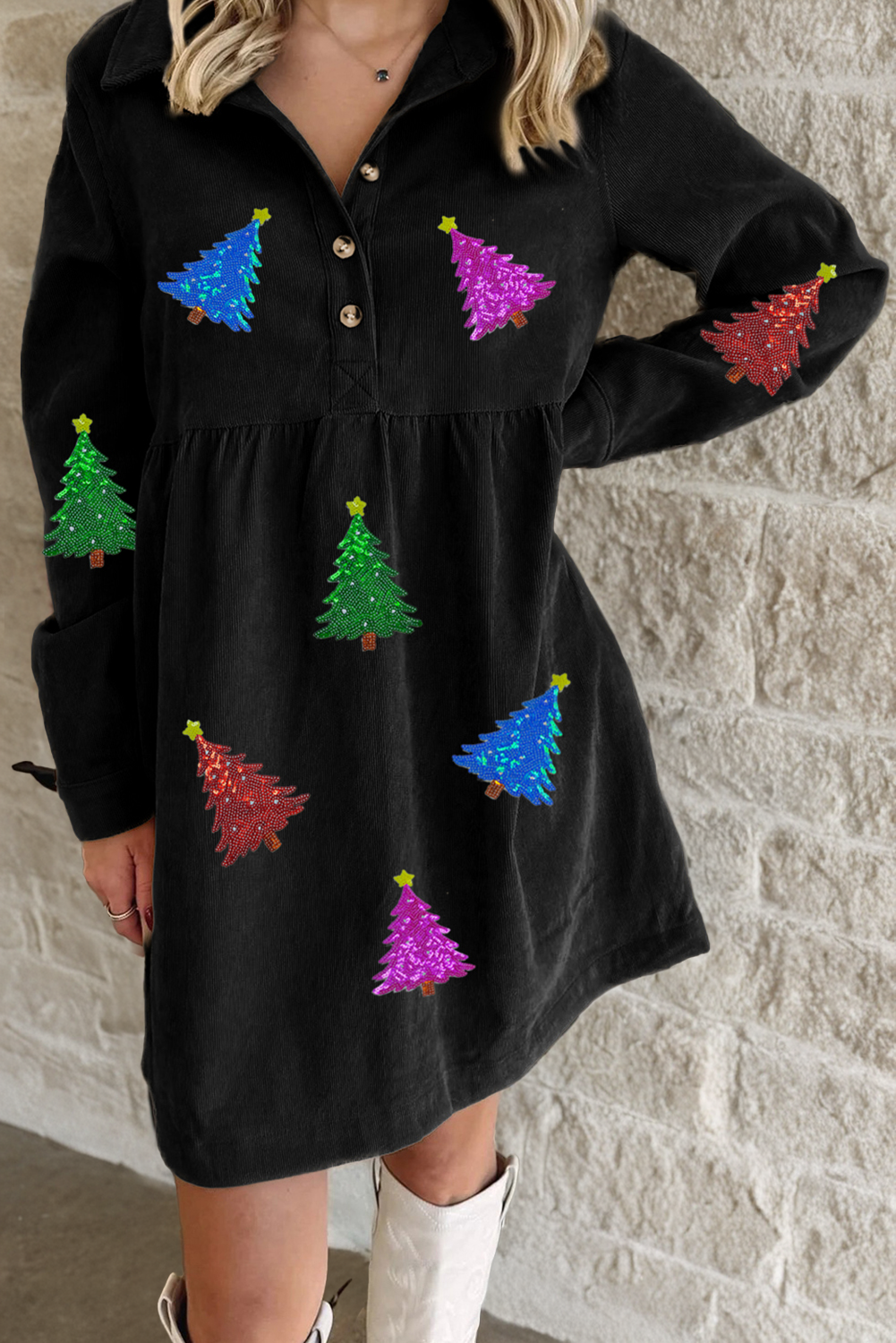 Black Shimmer Christmas Tree Patched Patterned Half Buttons Long Sleeve Dress - loveforevers