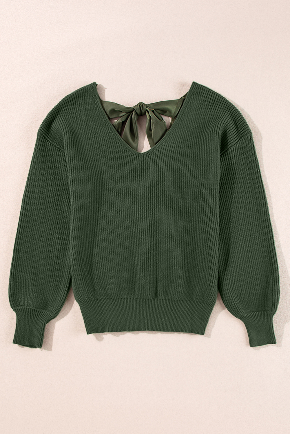 Racing Red Lantern Sleeve V Neck Knot Back Sweater - loveforevers