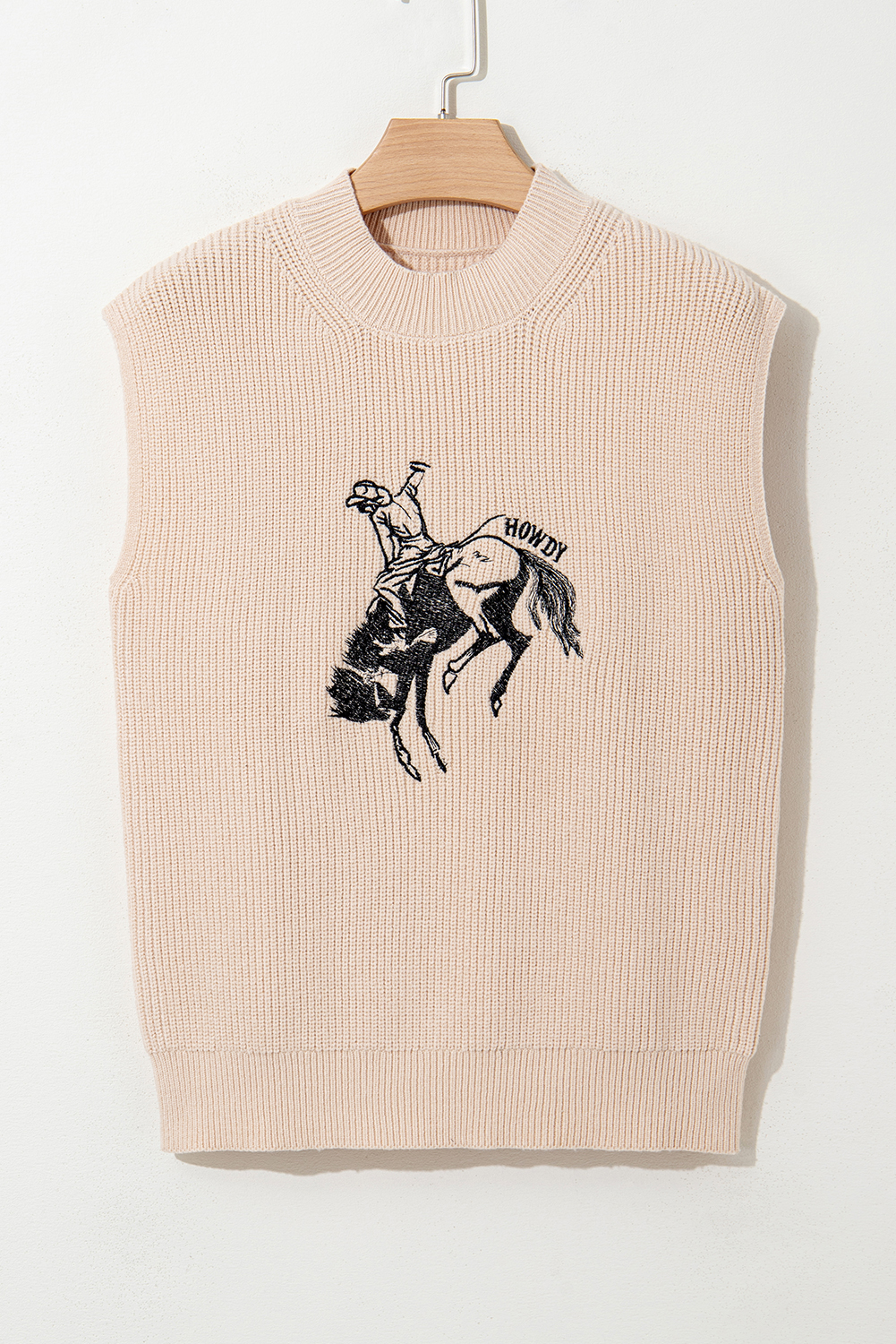 Black Western Cowboy Embroidery Round Neck Sleeveless Sweater - loveforevers