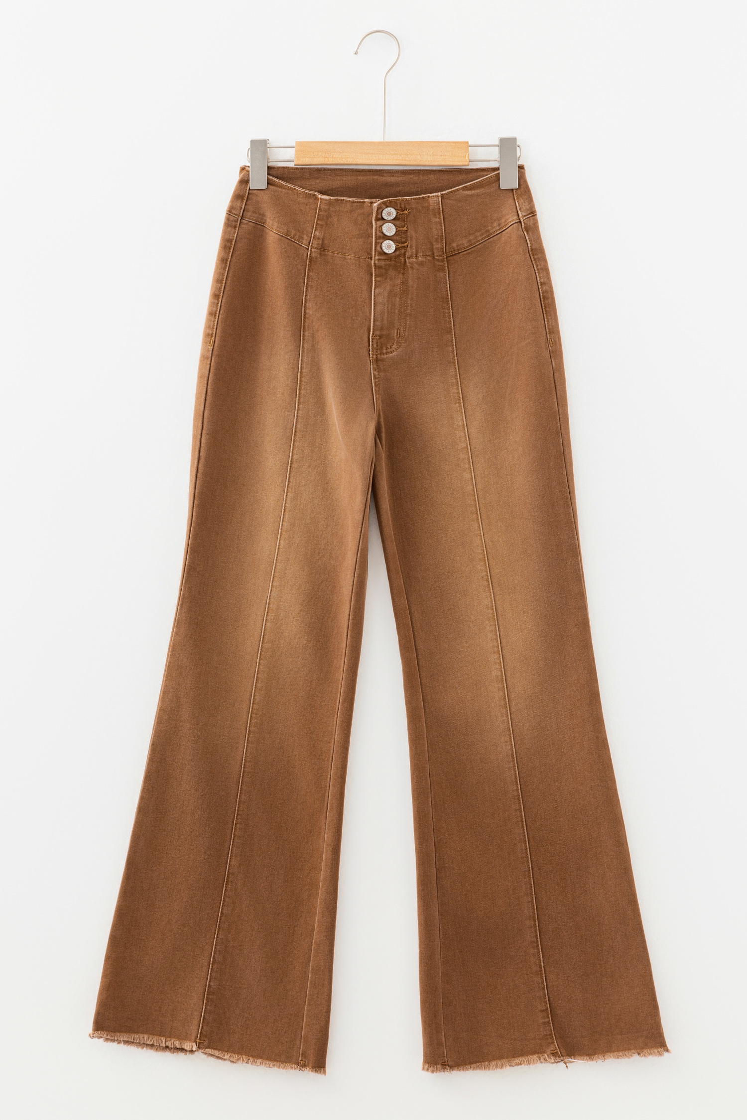 Coffee High Waist Button Fly Seamed Raw Hem Flare Jeans - loveforevers