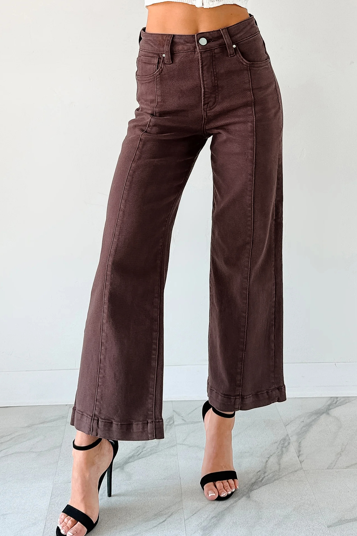Apricot Solid Color Seamed Center Wide Leg Cropped Jeans - loveforevers