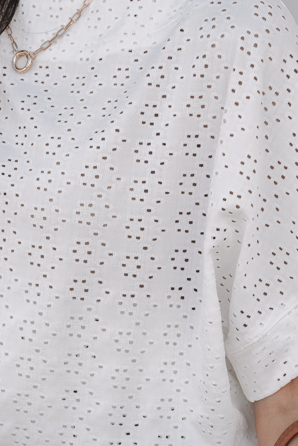 White Eyelet Pattern Boat Neck Casual Tee - loveforevers