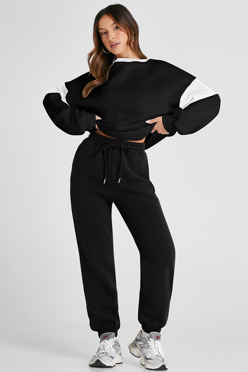 Black Drop Shoulder Loose Sweatshirt and Joggers Active Set - loveforevers
