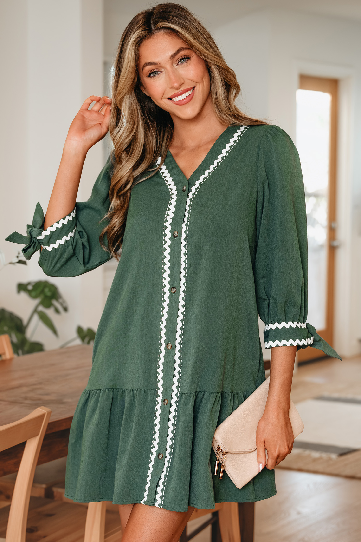 Canton Contrast Ricrac Trim Button V Neck Knotted Bracelet Sleeve Shift Dress - loveforevers